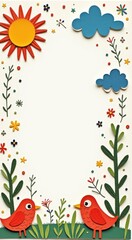 Obraz premium Birds sitting on a flowery frame with a sun greeting card