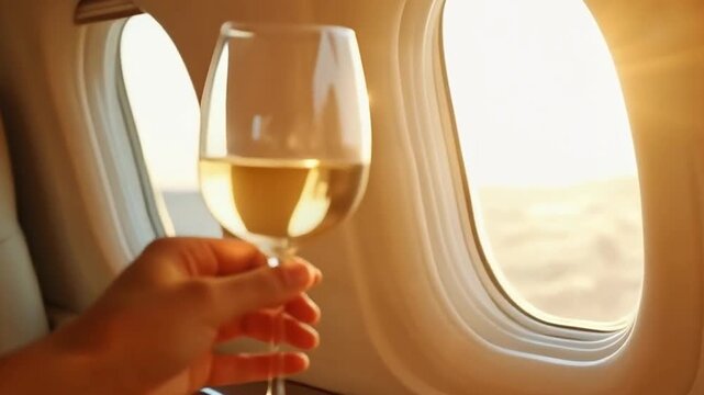 Copa de vino blanco en vuelo al atardecer