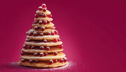 Stacked pancakes arranged in a festive tree shape adorned with small red berries and powdered sugar against a solid magenta background