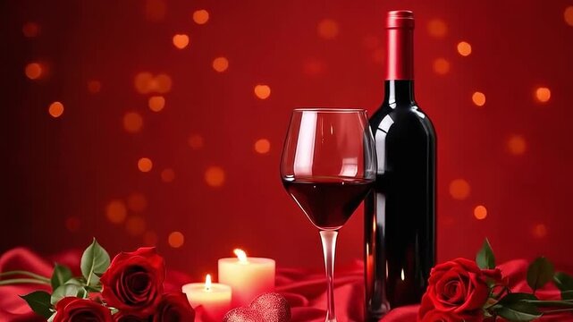Vino tinto rom&aacute;ntico con rosas y velas