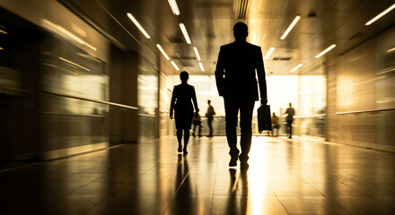 Silhouette of businessman walking with briefcase in bright modern office corridor with motion blur