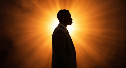 Side profile silhouette of confident African American businessman against bright orange starburst