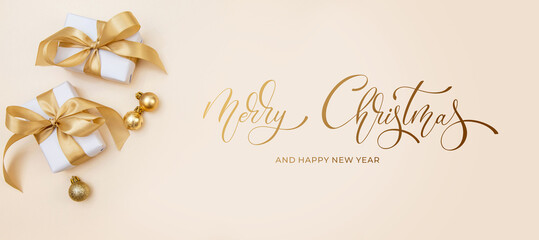 Merry Christmas and Happy New Year greeting card, frame, and banner. Holidays design. Noel and...