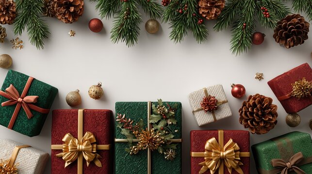 Festive Christmas Gifts with Pine Cones and Ornaments on a White Background