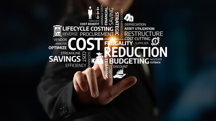 A businessman illustrates key concepts related to cost reduction and budgeting, essential for optimizing financial strategies and streamlining business operations. Tessel