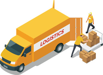 Logistic truck with workers and packages
