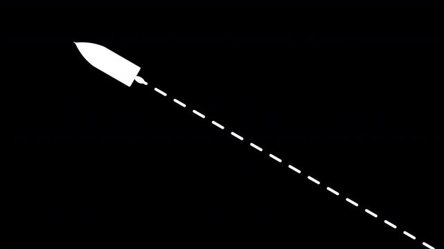 speedboat with dash line path straight left up animation on black background. 4k video dashed line path route animation