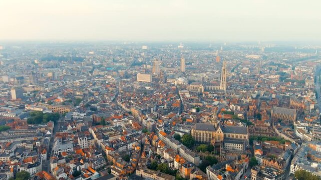 Antwerp, Belgium. Panorama overlooking the Cathedral of Our Lady (Antwerp). Historical center of Antwerp. City is located on the river Scheldt (Escaut). Summer morning. Drone footage