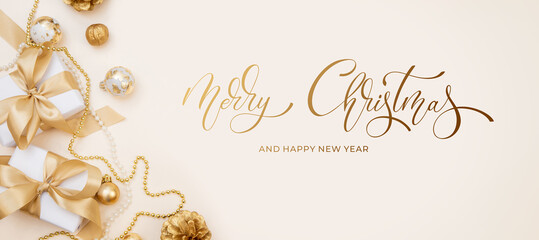 Merry Christmas and Happy New Year greeting card, frame, and banner. Holidays design. Noel and...