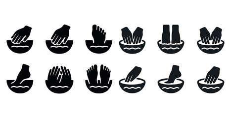 Set of hand and foot wash icons in black and white style