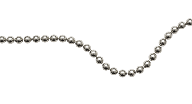Silver Pearl Garland PNG. Wavy strand of elegant silver decorative pearls, isolated for chic holiday accents, modern decor, and sophisticated design elements. Christmas pearls garland top view PNG