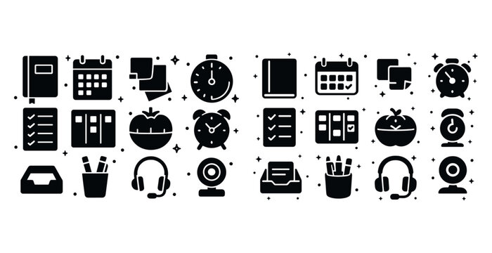 Black and white office icon set featuring calendars, alarms, not