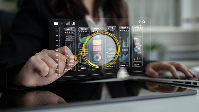 A weekly business performance report and analytics dashboard. A concept for tracking trends, KPIs, financial data, and insights over time. Motif