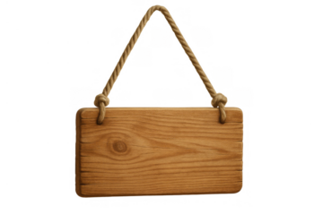 Blank wooden sign with rope for message and announcement on transparent background, rustic wood board for text