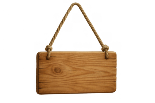 Blank wooden sign with rope for message and announcement on transparent background, rustic wood board for text