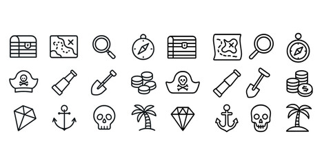 Naklejka premium Treasure hunt icons collection: map, chest, skull, anchor, diamo
