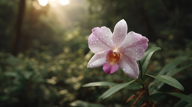 Delicate pink and white orchid with water droplets bathed in soft dawn light in a misty rainforest