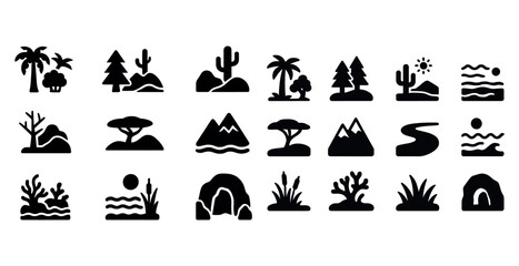 Naklejka premium Collection of nature and landscape icons featuring trees, mounta