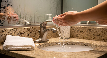 Close up of a person washing hands under a running faucet in a modern bathroom with a granite countertop and mirror reflection