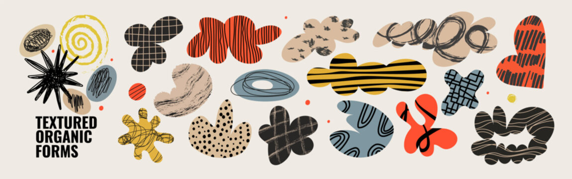Naklejki Cloud style abstract blob set with hand drawn crayon textures. Irregular organic shapes with doodles, scribbles, and playful patterns. Perfect for modern collage design, digital scrapbooking, stickers