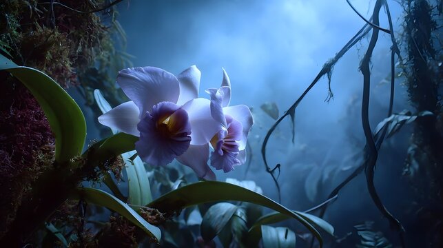 A delicate exotic orchid blooms in a misty dark rainforest setting with ethereal blue lighting