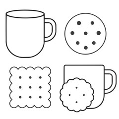 Outlined illustrations of a tea cup and two types of cookies. The top right shows a round cookie with dots