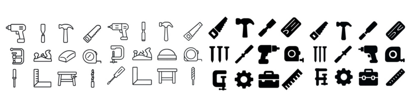 Assorted hand and power tool icons including drill, saw, hammer,