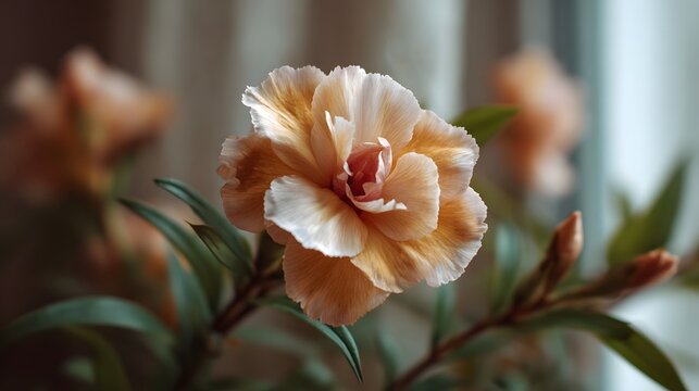 Delicate peach and white flower with frilly layered petals bathed in soft morning light