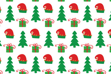 Colourful Christmas seamless pattern with cartoon trees and snowflakes. Wallpaper design. Vector illustration