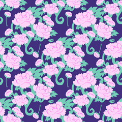 Obraz premium Seamless pattern, Peony, Floral print, Repeat pattern, Botanical, Flower pattern, Textile, Fabric, Wallpaper, Background, Vintage, Elegant, Cottagecore, Nature, Bloom, Blossom, Leaf, Rose, Drawing, Ve