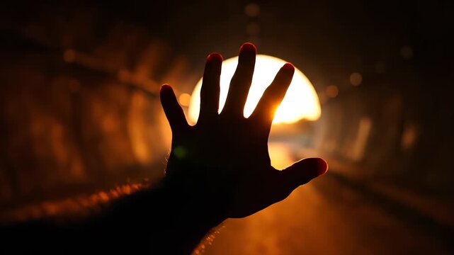 A hand reaches toward the bright sun emerging from the tunnel, symbolizing hope and freedom. The hand and sun create a powerful image of optimism, illuminating the dark tunnel.