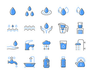Water color line icon set. Vector collection with drops, cup, bottle, cooler, bath, cloud with rain, water tap, kettle.