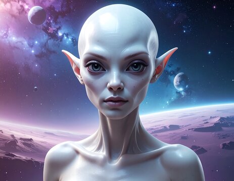 Portrait of a pale-skinned humanoid with large eyes and ears, set against a cosmic backdrop
