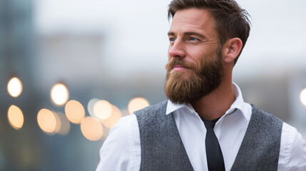 Well-dressed man with beard and tie, exuding a confident and stylish look against a soft, blurred background of lights.