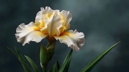 Fototapeta premium A delicate yellow and white iris flower with ruffled petals against a dark textured background