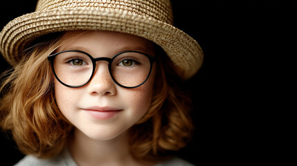 Close up portrait of a cute young girl in a straw hat and round glasses with curly hair and freckles.