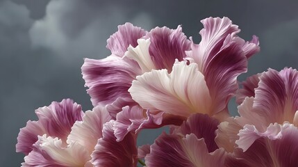 Close up of ruffled petals with delicate textures in shades of pink and purple against a dramatic stormy grey sky