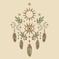 Boho Celestial Dreamcatcher Eye with Feathers and Botanicals