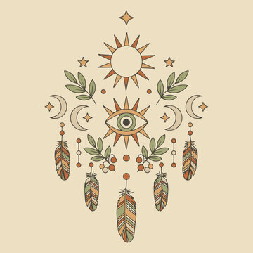 Boho Celestial Dreamcatcher Eye with Feathers and Botanicals