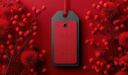 Red and black color combination textured tag mockup with blank space for text on a red background with flowers