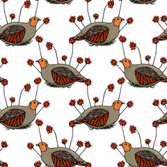 Vector seamless pattern with hand drawn cute Grey Partridges in blooming thrift flowers. Beautiful illustration, ink drawing. Perfect for prints and patterns