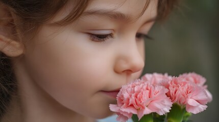 Fototapeta premium A young child gently smells delicate pink carnations experiencing the sweet floral fragrance