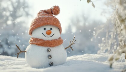 Fototapeta premium Cheerful snowman wearing knitted winter attire stands outdoors amidst falling snow