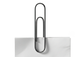 A shiny metal paperclip holding together white paper isolated on transparent background