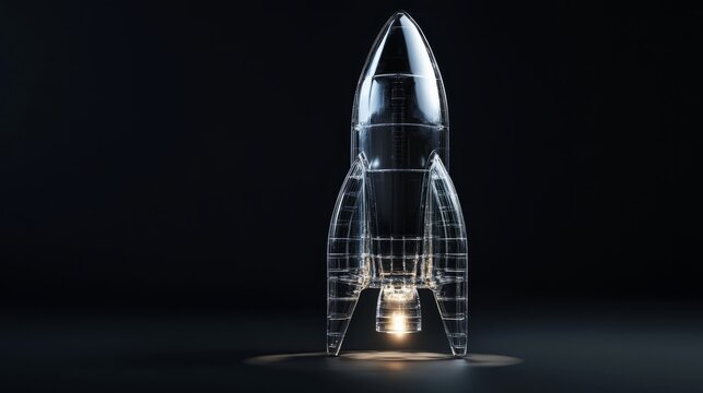Transparent rocket model with intricate design details illuminated against a dark background, showcasing innovation and creativity in space exploration concepts