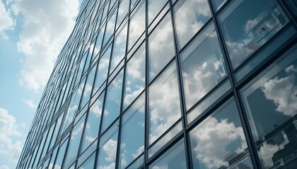 Close-up of sleek glass and steel facade of modern office building, geometric architecture, reflections of sky and clouds, minimalist composition, perfect for architecture and design stock imagery.