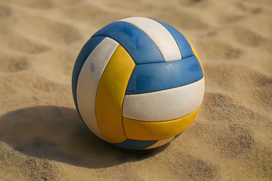Volleyball ball sitting on sandy beach near net, ready for a professional beach volleyball match or training session with visible sand and outdoor lighting