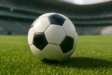 Fototapeta premium Soccer ball sitting on green grass inside stadium, ready for professional football game or training session with clear view of field lines and lighting conditions