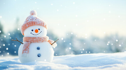 Cute snowman with carrot nose and scarf on snowy field, clear sky background, copy space for text.