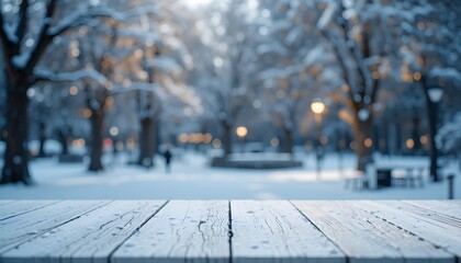 Empty white table top on bokeh background Snowy bokeh park landscape